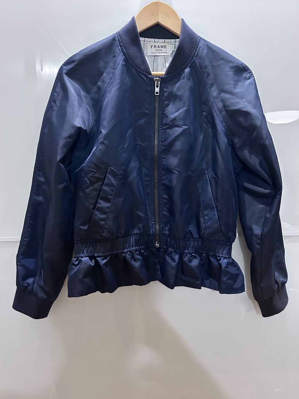 Frame Denim Navy Ruffle-Hem Bomber